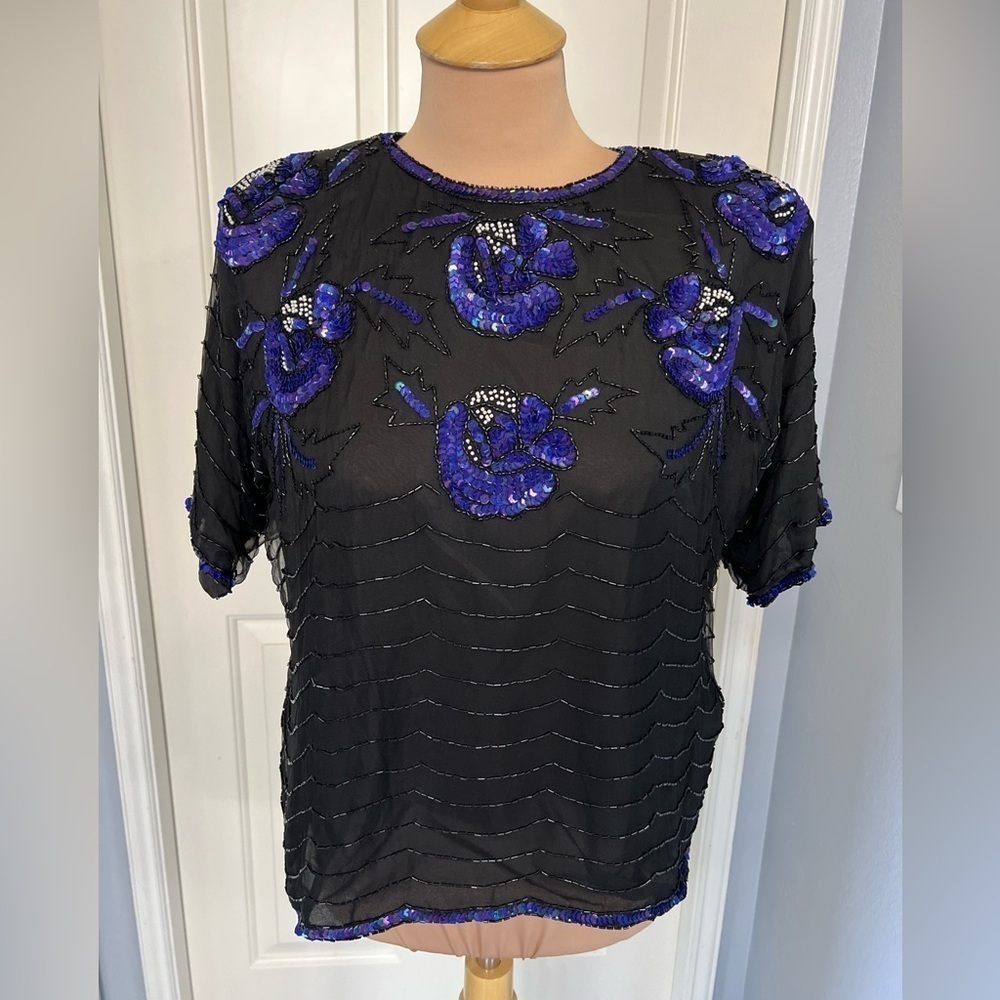Vtg Avalon Silk Blouse Black Beaded Sequins Lined Large Old Money 80s Cocktail